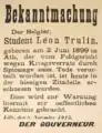 Execution report of Léon Trulin. The date of birth, containing errors, is likely to be based on the fake date of birth Trulin was using on his own ID to look younger.