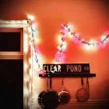 A string of multi-colored fairy lights hanging on an orange wall above a sign that signs "Clear Pond Rd"