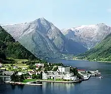 Kviknes Hotel along the water in downtown Balestrand