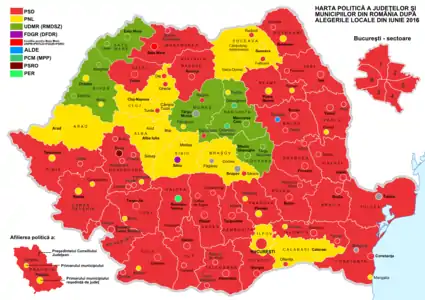 Political map based on the mayor's party affiliation (denoting only major Romanian cities and towns)