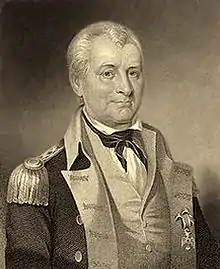 A black-and-white print of man.  The portrait is half-height.  The man is older, with white hair, and is wearing an 18th-century military uniform.  His body is turned three-quarters left, but is looking at the viewer.