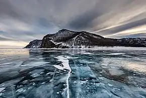 Frozen lake Baikal near Olkhon Island