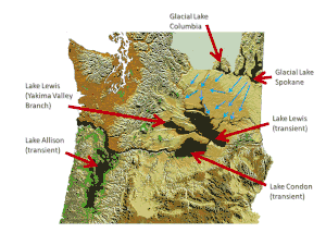  Figure showing topographic maps of Washington and northern Oregon with the lowlands flooded by the Missoula Floods marked.