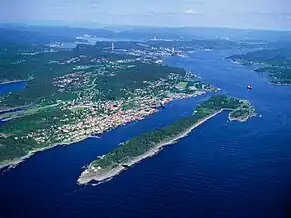 Aerial view of northeastern Bamble and the Langesund-Stathelle area (left side of the fjord in the picture)