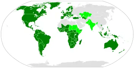 Latin alphabet world distribution. The dark green areas show the countries where this alphabet is the sole official (or de facto official) national script. The light green places show the countries where the alphabet co-exists with other scripts.