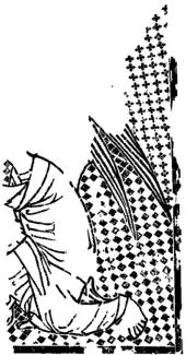 A fragment of a woodblock print.  In the lower right, there is the body of a kneeling angel.  The rest of the scene is obscured.