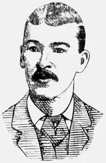 A black and white portrait illustration of a man with a mustache wearing a striped coat and tie