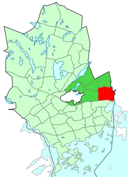 Location of Leppävaara (red) within Espoo (light green) and Suur-Leppävaara (dark green)