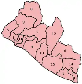 A clickable map of Liberia exhibiting its fifteen counties.