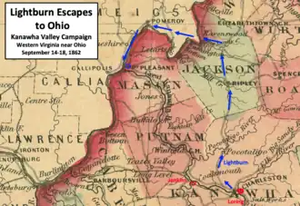 Old map showing positions of Union and Confederate armies, including Lightburn taking a long route to Point Pleasant