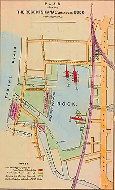 1880 Plan issued by Regent's Canal Company to advertise their dock.  The old ship lock has been closed off.