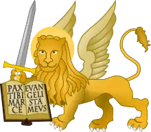 Part of Venice's coat of arms: a winged lion holding a sword upright and showing an opened book with the words: "Pax tibi, Marce, evangelista meus."