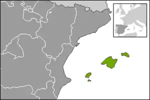 Location of the Balearic Islands, off the Mediterranean coast of Spain.