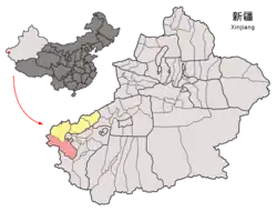 Location of the county (red) in Kizilsu Prefecture (yellow) and Xinjiang