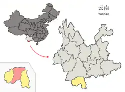 Location of Jinghong City (pink) within Xishuangbanna Prefecture (yellow) and Yunnan