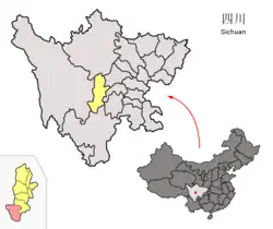 Location of Shimian County (red) within Ya'an City (yellow) and Sichuan