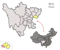 Location of Wusheng County (red) within Guang'an City (yellow) and Sichuan