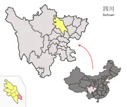 Location of Yanting County (red) within Mianyang City (yellow) and Sichuan