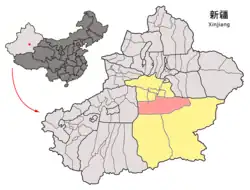 Yuli County (red) within Bayingolin Prefecture (yellow) and Xinjiang