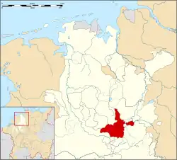 Map of part of the Lower Rhenish–Westphalian Circle in 1560, County of Ravensberg highlighted in red