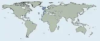 Map showing concentration of L. pertusa with greatest density in the Northeast Atlantic