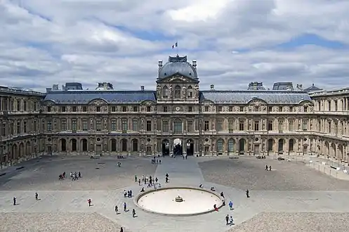 The Cour Carrée of the "Old Louvre" looking west (Left to right: Aile Lescot, Pavillon Sully (de l'Horloge), Aile Lemercier)