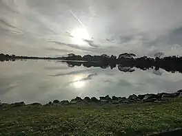 Lower Seletar Reservoir in the foreground with a reflection of the Cirrus clouds in the background.