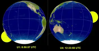 A simulation of the start and end of the August 28, 2007 lunar eclipse, viewed from the center of the Moon.