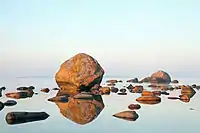 Glacial boulders with Mohni island in the skyline