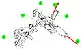 The petals are locked in place for launch by a pin (1) inserted through a fitting (2) on the M/D Center Section clevis (3). Release is effected by a T-handle (4), which is pulled (5) away from the ACBM. It can be re-locked by pushing (6) the pin back into the fitting.