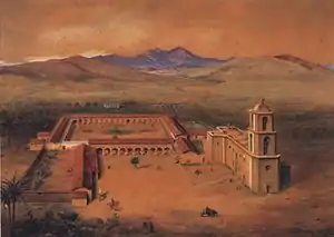 An 1894 painting by Frederick Behre features a wildly improbable steeple over the entrance of San Juan Capistrano's "Great Stone Church" (it was incorrectly believed to portray the way the church looked before the 1812 earthquake; archaeological excavations in 1938 revealed that the steeple placement as shown in the painting was impossible). The landscape in the background of this painting was later modified by John Gutzon Borglum. Watercolor and gouache.