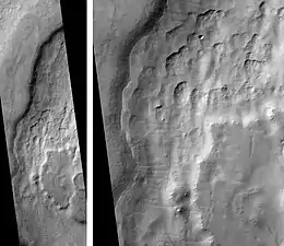 Mad Vallis, as seen by HiRISE.  Picture on right is an enlargement of part of the other picture.