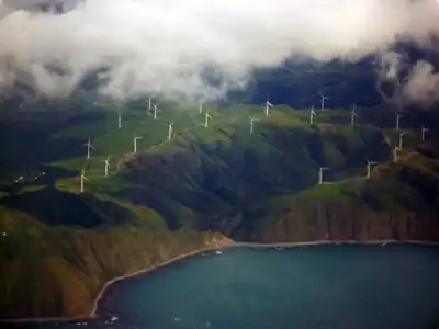 An aerial view of the Project West Wind wind farm at Mākara.