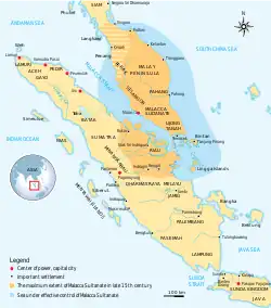 Map showing the extent of the Malacca Sultanate, covering much of the Malay Peninsula and some of Sumatra