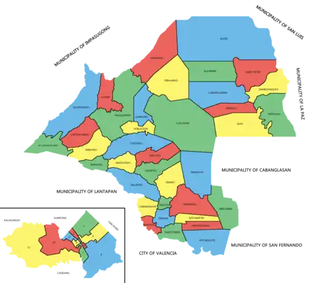 Political map of Malaybalay showing the 46 barangays under its jurisdiction. Poblacion district is enlarged below left. All boundaries are approximate and are not authoritative.