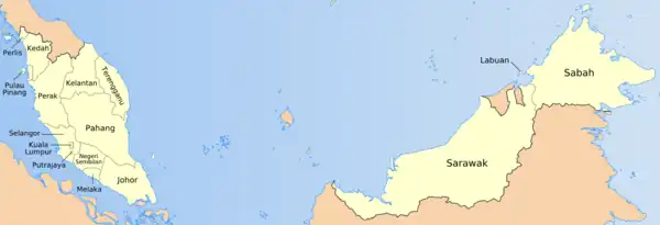 Map of Malaysia with labels of each state and federal territory