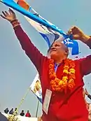 Manish Sisodia celebrates outside Akshardham Counting Centre after winning the elections.