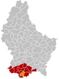 Map of Luxembourg with Kayl highlighted in orange, and the canton in dark red