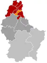 Map of Luxembourg with Munshausen highlighted in orange, and the canton in dark red