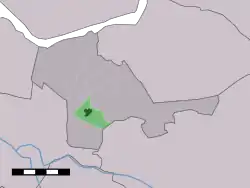 The village centre (dark green) and the statistical district (light green) of Nijkerkerveen in the municipality of Nijkerk.