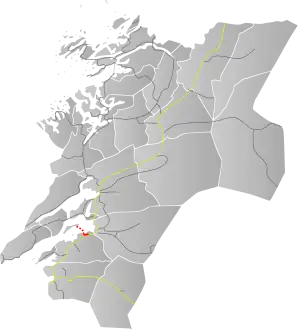 Map of a square area (Trøndleag) with a short red line about a third of the way up in the center.