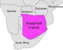 This map shows the outlines of the southern African nations of Namibia, Botswana, Zimbabwe and South Africa. Kaapvaal Craton's outline is superimposed on the countries.