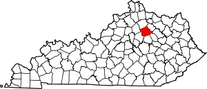 Map of Kentucky highlighting Bourbon County