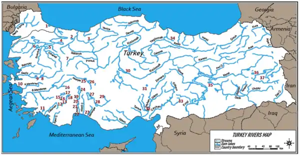 Map of Turkey showing major lakes and rivers