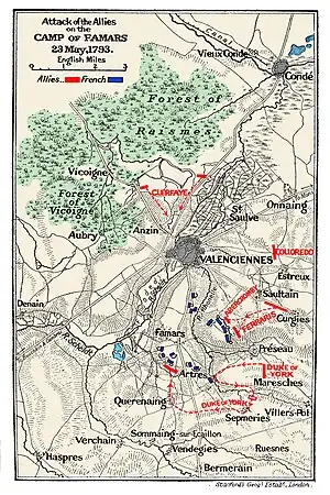 Map is labeled Attack of the Allies on the Camp of Famars.