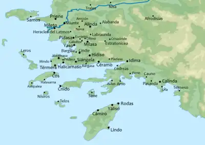 Map of ancient cities of Caria