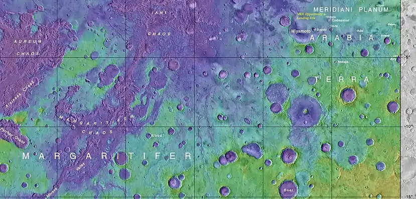 Map showing the location of Endeavour and other, nearby features