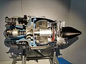 Turbomeca Marboré IV engine showing location of leakage between impeller blades and stationary shroud, shown sectioned and painted blue. This is the leak path for a centrifugal impeller equivalent to an axial blade tip to casing clearance.