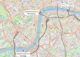 Map of the Thames, showing where Marchioness and Bowbelle departed their respective berths, and the point of collision