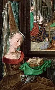 Mary of Burgundy at prayer wearing a tall hennin, 1470s.